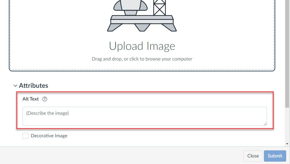 A Canvas window titled Upload Image. There is a box labelled Alt. Text which is circled in red.