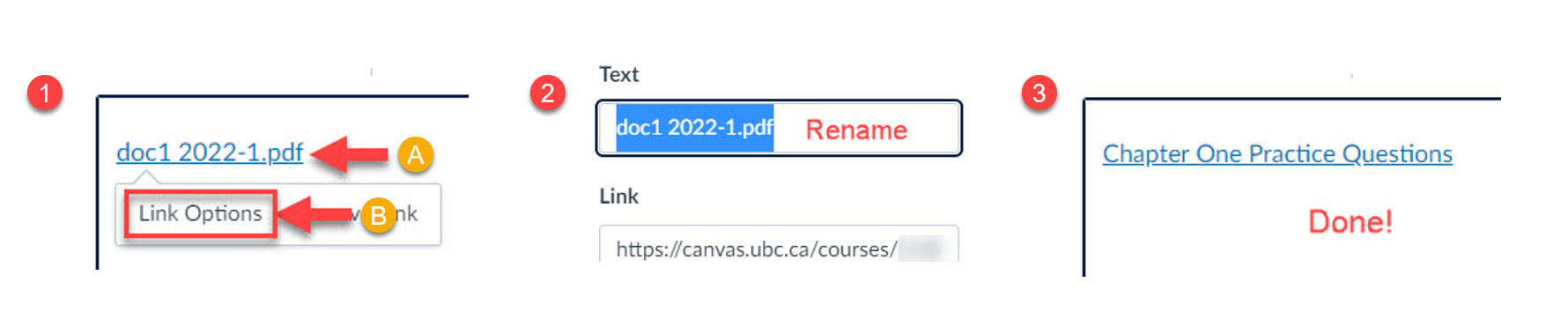 Three screenshots illustrate three steps. In the first, arrows instruct users to click a on document link titled doc 1 2022-1, then click Link Options in the resulting pop-up. In the second, users are instructed to type a new name into a box titled Text. In the third we can see the document link is renamed a more descriptive name.